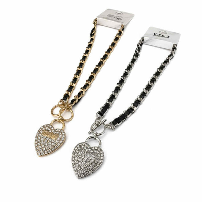 Kép: Ezüst Fekete Láncos Strasszos Szív Medálos Nyaklánc