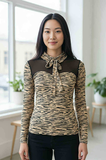Kép: Verona Barna Fekete Tigris Csíkos Tüll Betétes Masnis Nyakú Galléros Felső