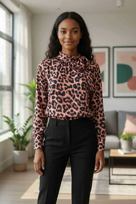 Kép: Verona Barna Ocelot Mintás Masnis Nyakú Hosszú Ujjú Felső