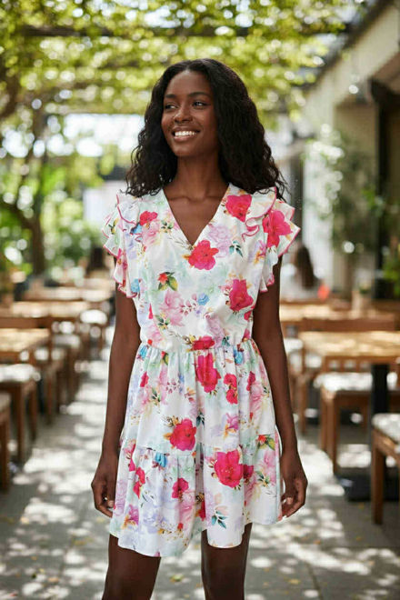 Kép: Extyn Fehér Alapon Rózsaszín Zöld Virágos Fodros Ruha