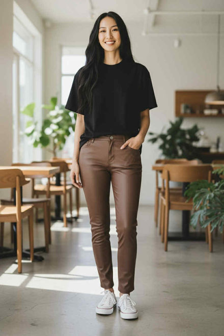 Kép: Verona Sötétbarna Bőrhatású Csőszárú Nadrág