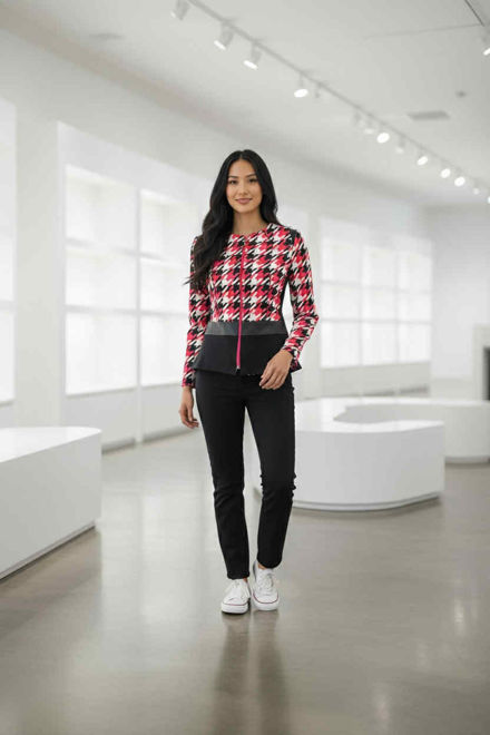 Kép: Extyn Pink Fekete Tyúkláb Mintás Műbőr Berakásos Cipzáros Blézer