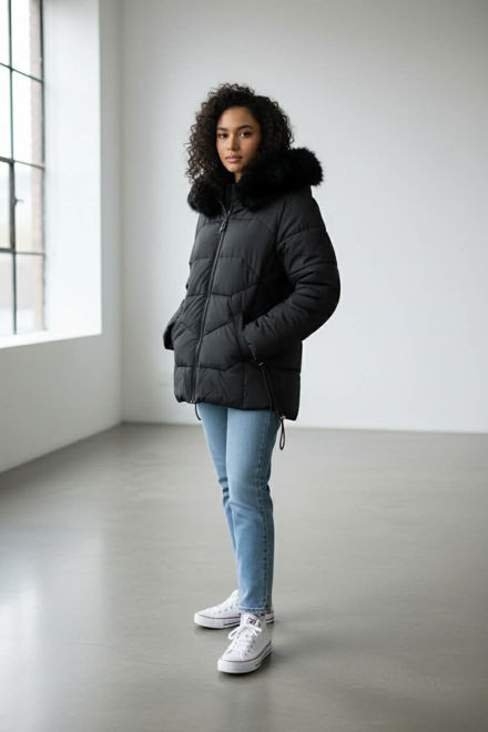 Kép: Fekete Rövid Szőrme Kapucnis Kabát