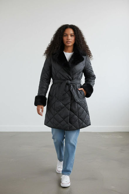 Kép: Fekete Hosszú Kötős Szőrme Kapucnis Kabát