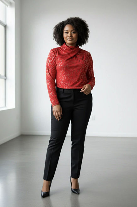 Kép: Extyn Piros Arany Mintás Csavart Nyakú Hosszú Ujjú Felső